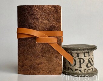 Leather travel journal / sketch book / leather notebook in bronze metallic leather and honey coloured strap. Personalized gift