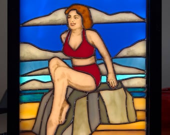 LED lit stained glass light box of a bathing beauty