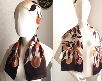 Vintage 70er Jahre Schal, Kopf band Halstuch schlanken langen Schal Frauen Halstuch 60er Jahre 70er Jahre Mode Fett Blume Muster braun Beige Kupfer atemberaubende