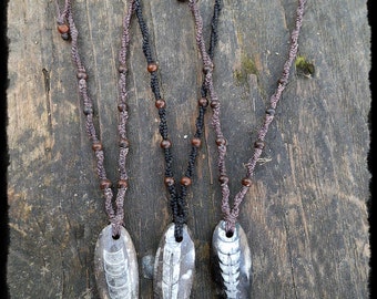 Macrame necklace with fossilized Orthoceras