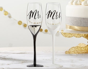 Tuxedo and Wedding Gown Mr. and Mrs. Toasting Champagne Flute Set - Wedding Champagne Flute - Wedding Toasting Glasses (27121)