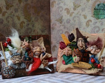 Ooak polymer clay goblins in wooden frames
