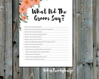 Rustic Floral Bridal Shower Games, What did the Groom Say, What did he say about her, Newlywed Game, Bridal Shower Game, Games Download