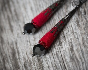 Fashion earrings Felted beaded elegant dangle earrings in black and passionate red Gift for her Haute couture jewelry