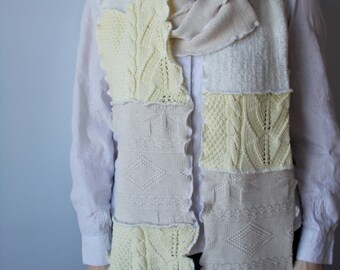 Yellow & Beige Knit Scarf, Long Knit Scarf, Upcycled Sweater Scarf