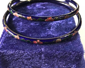 Vintage Royal Blue Glass Floral Cloisonne Bangle Bracelets