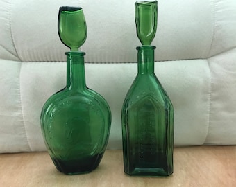 Two Vintage Green Wheaton Reproduction Apothecary Glass Bottles