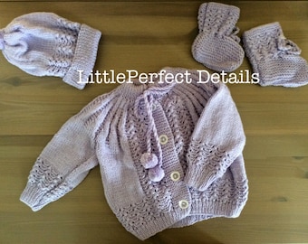 Purple Baby Cardigan, Hat and Booties, Knitted Baby Cardigan, Hat and Booties