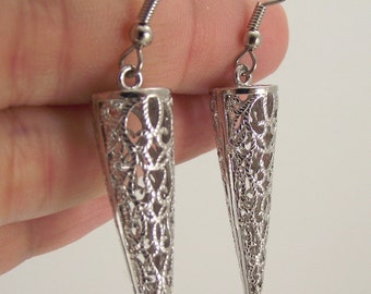 Silver Spike Filigree Earrings, Ornate Silver Earrings