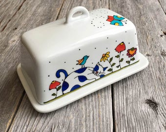 Butter dish - Cat - Flowers - birds - "Life is beautiful" hand painted by artist Isabelle Malo