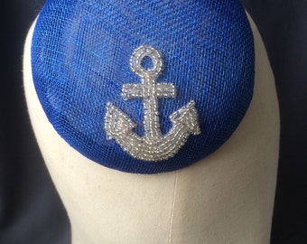 Vintage style mini beret hat - royal blue with beaded nautical detail.
