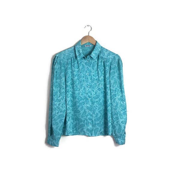 Vintage 80s blouse / aqua green blouse / boxy retro blouse / 80s woeking girl / retro blouse / green silky blouse / vintage work shirt / 80s