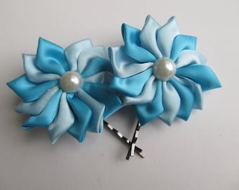 Turquoise and Aqua Satin Flower Bobby Pins