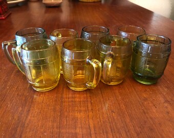 Set of Eight (8) Vintage 1960s Amber and Green (Root) Beer Barrel Shot Glasses