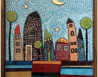 Stained glass, mixed media, mosaic wall art named "HOUSES" 55x70 cm