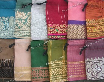 Recycled Sari Drawstring Gift Bags, 12 Gift Pouches 3 x 2" Fabric Gift Bags, Multi Colored India Gift Bags, Handcrafted Bags MS-033-46