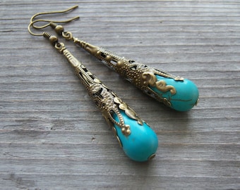 TURQUOISE Earrings/Antique Brass Filigree Long Cone Earrings/Long Cone Earrings/Beautiful Turquoise Earrings