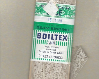 Vintage Lace Seam Binding by Boiltex , Color - Ecru No. 16 , Vintage Notion Stretchable Lace Trim , For Knits and Woven Fabrics