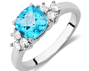 Blue topaz and cz sterling silver ring