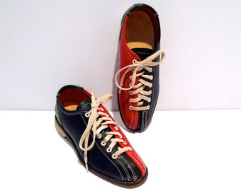 Bowling Shoes Vintage Red Blue and Green Color Block Flats Leather Rockabilly Size Womens 7 Bowling Pin Logo on Heel Sole