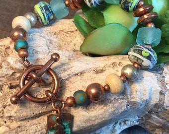 AEGEAN SEA, artisan lampwork and sterling silver bracelet