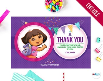 Dora Thank You Card, Dora The Explorer Birthday Party Theme, Favors, Printables, Decoration, Map, Dora Package, Candy Bar, Download
