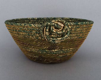 Coiled Basket, Christmas Basket, Fabric Basket, Leaves of Gold