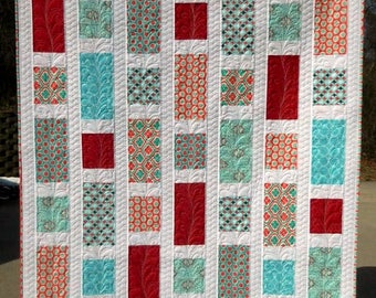 Modern Lap Quilt, Handmade Quilt, Red Quilt, Aqua Quilt, Blue Quilt, White Quilt