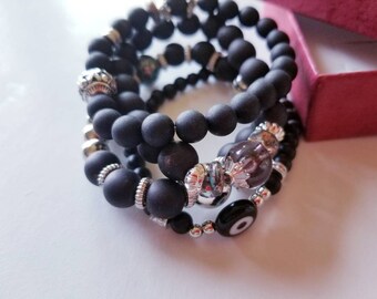 Black layered bracelet, Bohemian Bracelet, Bohemian jewelry, yoga bracelet, Evil eye bracelet, Layered bracelet.