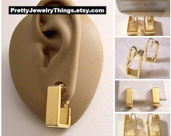 Square Hoops Clip On Earrings Gold Tone Vintage Avon 1976 Geometric Collection Wide Polished Band Open Dangles