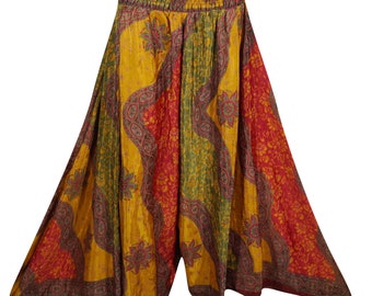 Colorful Vintage Upcycled Silk Sari Divided Long Skirt Smocked High Waist Flare Wide Leg Pant Split Maxi Skirt S/M