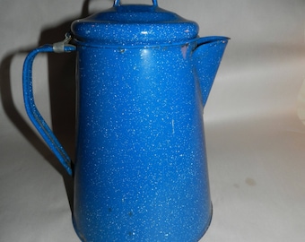 Blue Enamel Coffee Pot - Vintage Blue Enamelware Coffee / Tea Pot speckled w/ white - Rustic + primitive Farm or Country Kitchen Decor DB-01