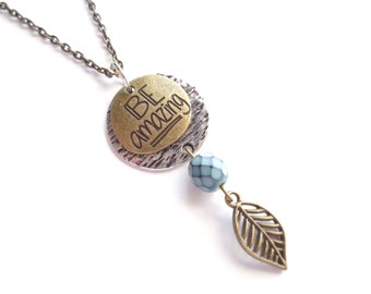 Inspirational Necklace, Brass Necklace, Silver Necklace, Teal Necklace, Boho Necklace, Short Boho Necklace, Gift For Her