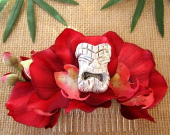 Tropical Flower, Tiki Flower, Red Orchid,Tropical Hair Clip, Pinup Hair Clip - Red Orchid Tiki Hair Comb