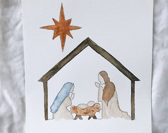 Christmas Nativity Scene watercolor painting print