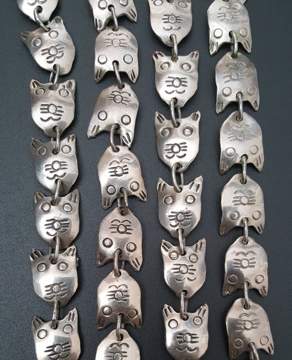 Vintage Sterling Cat Face Necklace Hand Made 28 Long