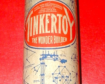 vintage Tinker Toy set in original container The Wonder Builder wood