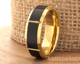 Yellow Gold Tungsten Ring Wedding Band Promise Ring Tungsten 7mm Mans Band Two Tone Yellow Gold And Black Ring Beveled Slanted Comfort Fit