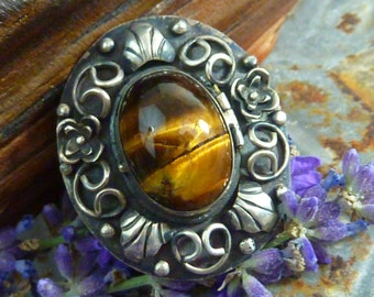 Vintage MID CENTURY Mexican Tigers Eye Taxco Sterling signed locket Poison Ring