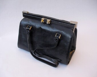 Vintage snake skin handbag, 1960s vintage black snake skin handbag with gold metal trim, gift for her, women's gifts, Christmas gift
