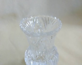 Vintage crystal toothpick holder. Clear glass sawtooth rim. Thumbprint diamond design toothpick holder.