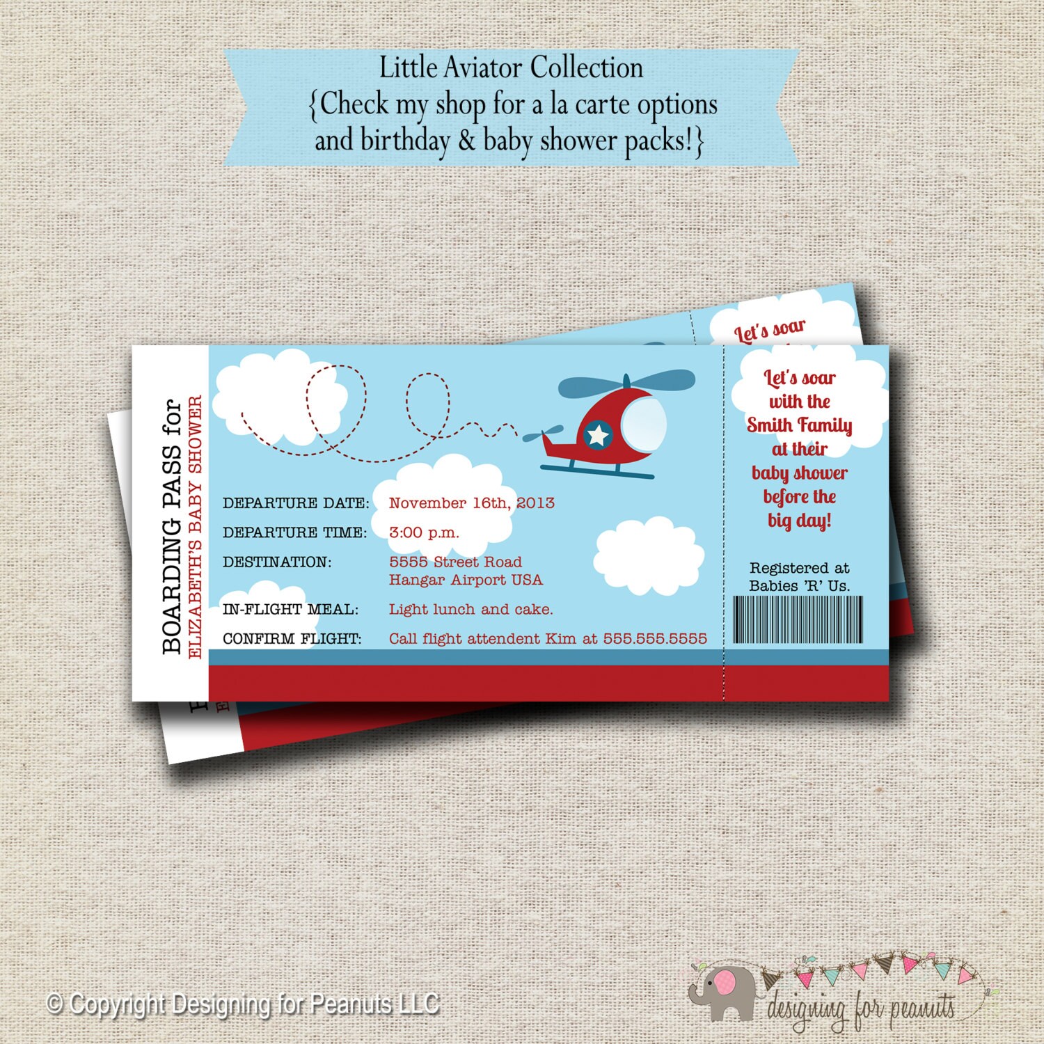 Helicopter Ticket Invitation baby shower birthday invite