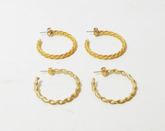 2 Pairs Hoop Earrings, Pierced, Gold Tone, Braided, Twisted, Shiny, 1 1/4", Never Worn, Vintage 80s, Costume Jewelry