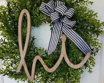 Hi Boxwood Wreath, Boxwood Wreath Greenery, black and white wired ribbon, Hi wall sign, greeting wreath, Hello wall wreath, Summer wreath
