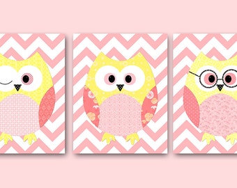 Kids Decor Kids Wall Art Owl Decor Baby Girl Room Decor Baby Girl Nursery Print Baby Girl Nursery Decor Kids Art set of 3 Rose Yellow