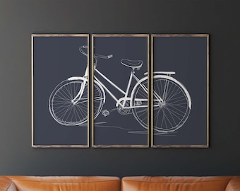 Printable Bicycle Art, Bicycle Wall Art, Bicycle Triptych, Navy Blue Wall Art, Living Room Decor, Printable Wall Decor, Living Room Wall Art