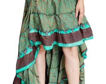 Asymmetrical GREEN Tiered Full Flared High Low Skirt Summer Fashion Peasant Festival Gypsy Hippie Chic Skirts S/M