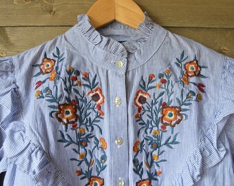 SALE 8 DOLLARS OFF Embroidered Striped Ruffle Top.
