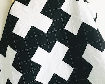 Monochrome Quilt, Modern Quilt, Plus Toddler Quilt, Monochrome Nursery, Modern Baby Quilt, Swiss Cross Quilt, Black White Baby Quilt