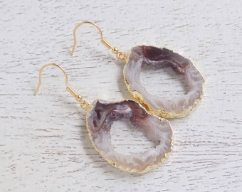 Gift For Her, Geode Slice Earrings, Natural Geode Earrings, Druzy Earrings, Raw Gemstone Earrings, Dangle Clip-ons, Mom Gift For Wife G5-208